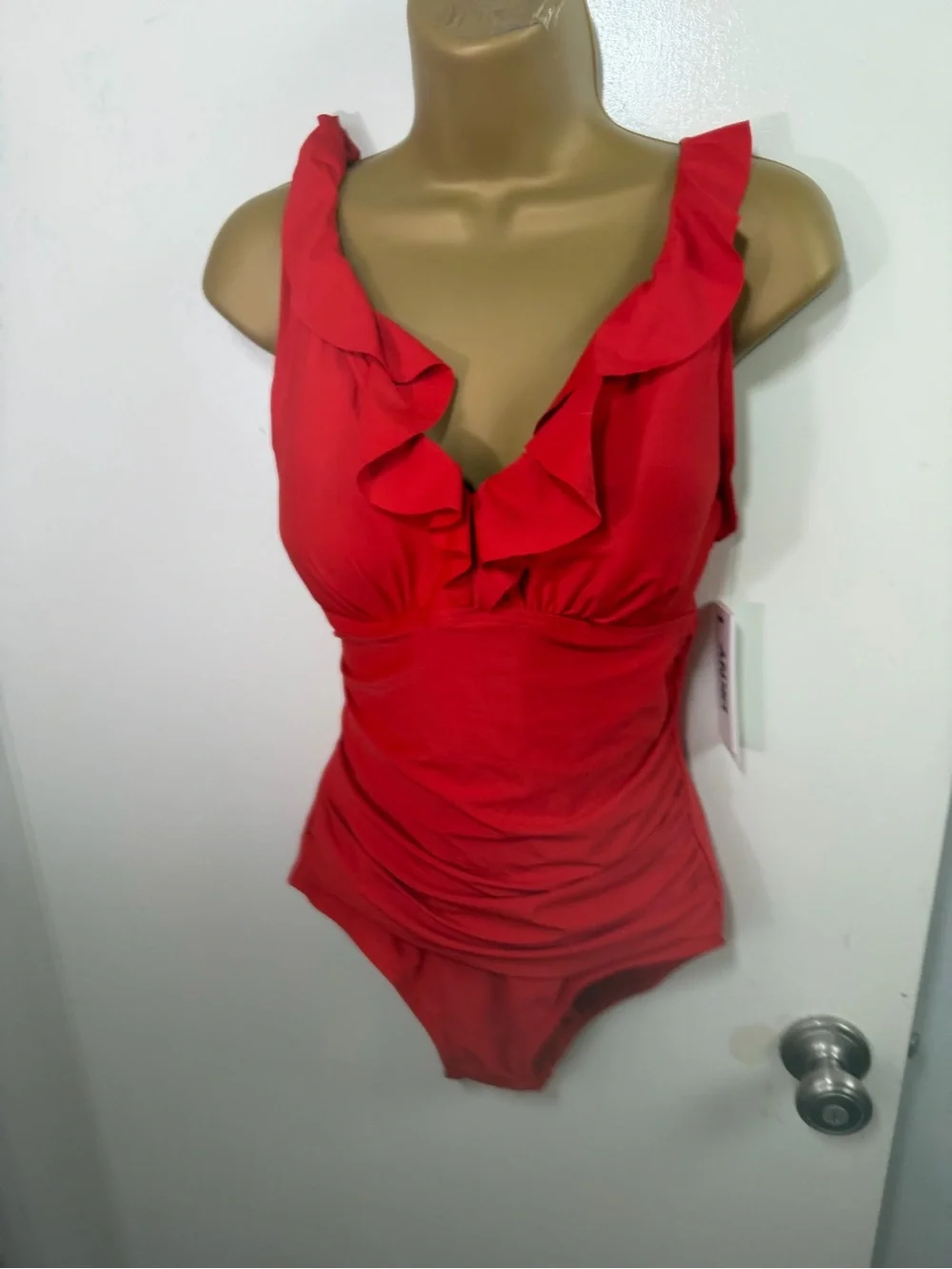 DKNY Red Ruffle Plunge Soft Cups Slimming Tummy Control One Piece Swimsuit NWT M - Picture 4 of 16